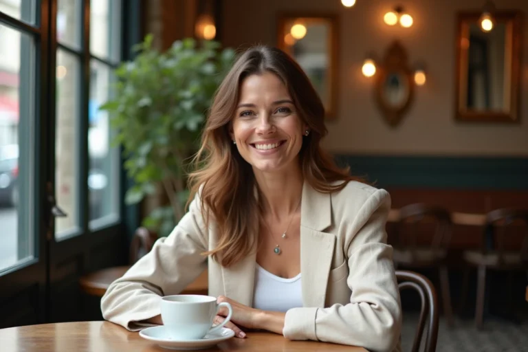 Femme souriante dans un café parisien, portrait éditorial chaleureux évoquant la vie privée et le bonheur en couple
