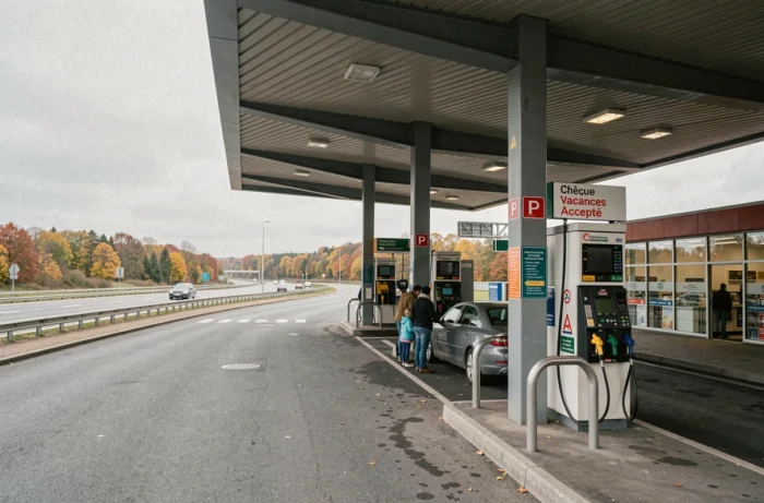 Vue extérieure d'une station-service autoroutière française affichant l'acceptation des chèques vacances