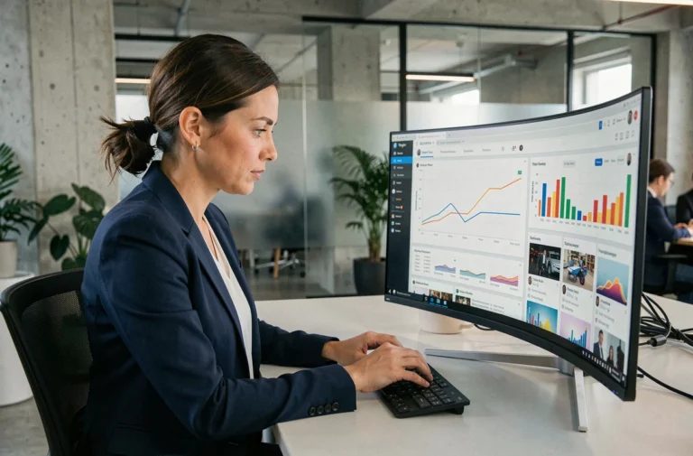Professionnelle analysant des données de marketing digital sur un écran incurvé dans un bureau moderne