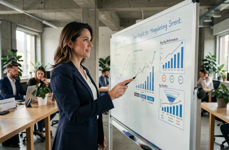 Une professionnelle présentant une stratégie marketing sur un tableau numérique dans un bureau moderne