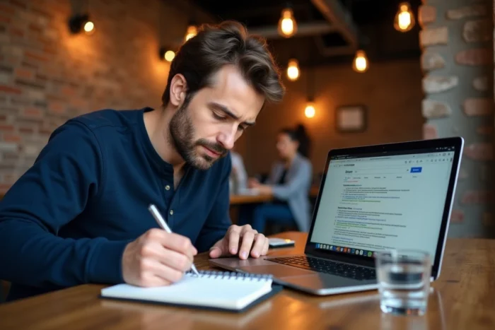 Homme développant une stratégie de mots-clés SEO dans un espace de coworking avec un cahier et un ordinateur portable