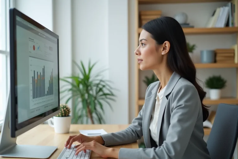 Femme analyste SEO travaillant sur des tableaux de bord analytiques dans un bureau moderne pour optimiser la visibilité en ligne