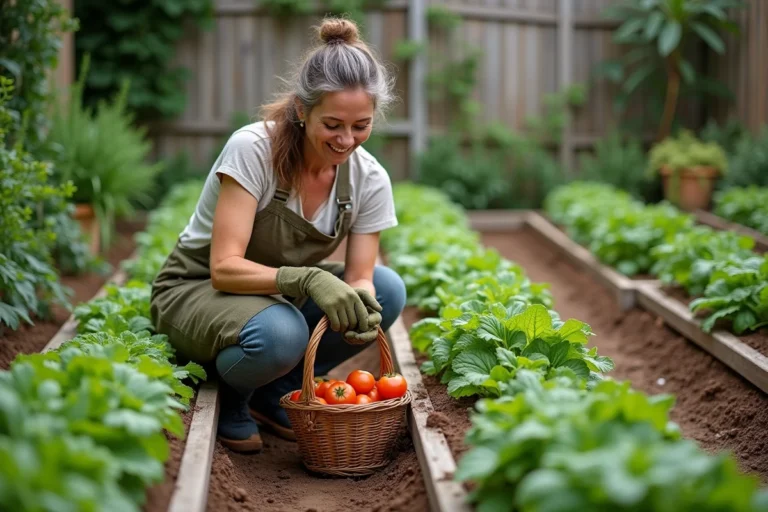 Femme qui récolte des tomates dans un potager familial bien organisé d'environ 50 m² pour deux personnes