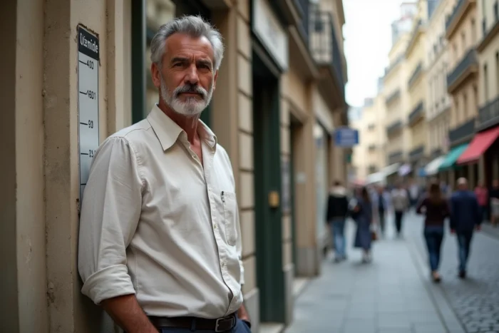 Homme grand aux cheveux poivre et sel dans une rue parisienne symbolisant la grande taille de Florent Pagny