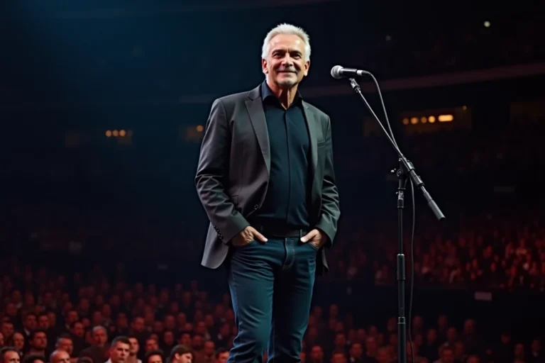 Chanteur français grand de taille sur scène illustrant la stature impressionnante de Florent Pagny