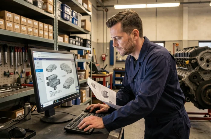 Technicien automobile utilisant le logiciel Dialogys Renault sur ordinateur pour identifier des pièces détachées dans un atelier mécanique professionnel