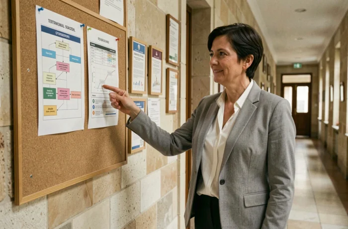 Technicienne territoriale expliquant l'avancement de carrière sur un tableau d'affichage dans une mairie française
