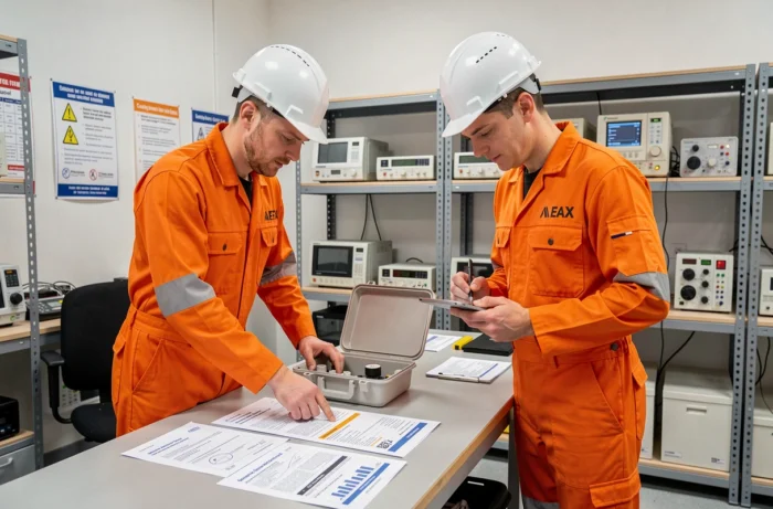 Deux techniciens analysant des documents de certification ATEX dans un laboratoire de conformité industrielle