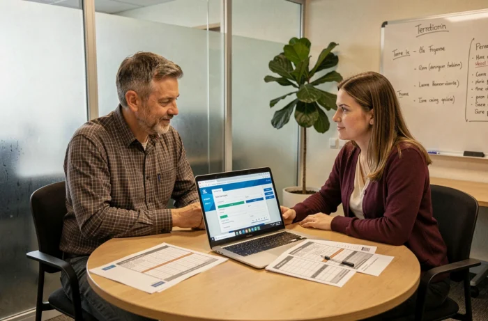 Deux techniciens territoriaux collaborant sur une simulation de grille indiciaire en salle de réunion