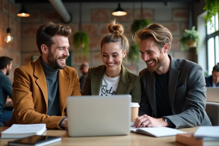 Groupe de jeunes adultes collaborant autour d'un ordinateur portable dans un espace de coworking tendance, reflet des nouvelles façons de travailler et d'apprendre en 2024