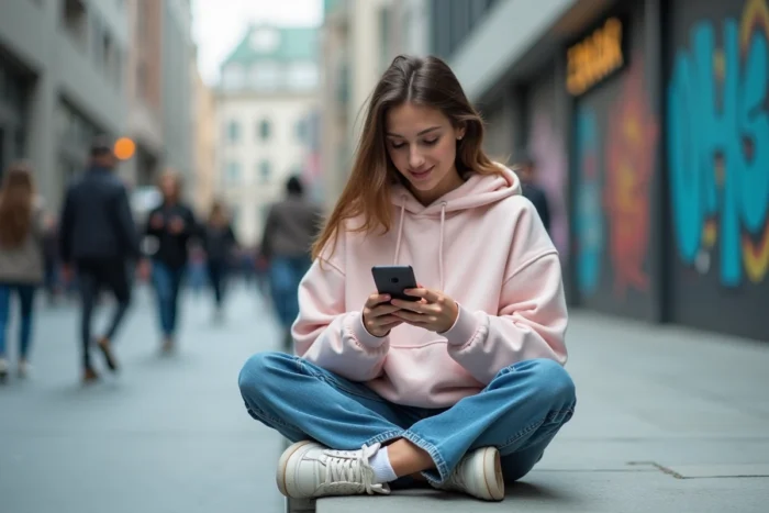 Jeune femme branchée consultant son smartphone dans un espace urbain moderne, illustrant les tendances mode et numérique des jeunes en 2024