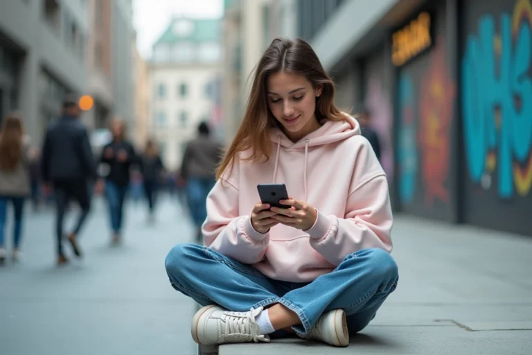 Jeune femme branchée consultant son smartphone dans un espace urbain moderne, illustrant les tendances mode et numérique des jeunes en 2024