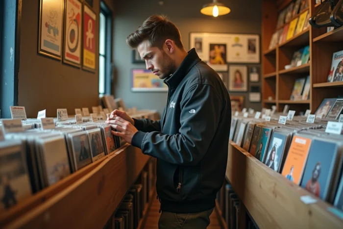 Jeune homme parcourant des vinyles dans une boutique de disques indépendante, symbole du retour aux objets culturels physiques parmi les tendances des jeunes en 2024