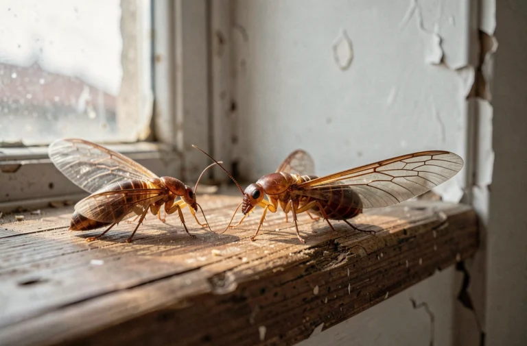 Termites volantes (alates) avec ailes translucides posées sur un rebord de fenêtre en bois abîmé à l'intérieur d'une maison
