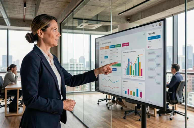 Dirigeante d'entreprise présentant un tableau de bord numérique lors d'une réunion de transformation digitale en salle de conférence moderne
