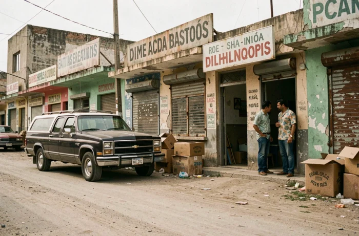 Scène de rue dans une ville frontalière mexicaine des années 1980 évoquant le trafic de drogue et le cartel de Guadalajara