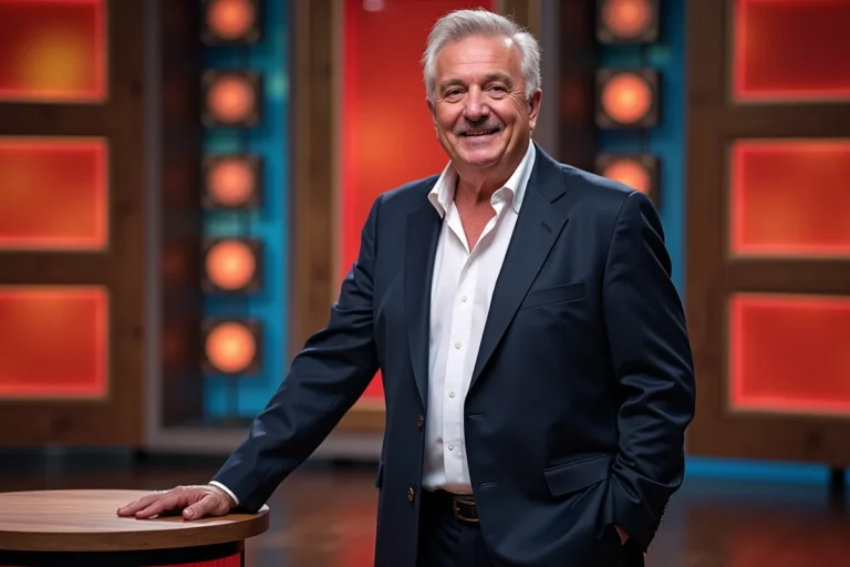 Vincent Lagaf debout sur un plateau de télévision mettant en valeur sa grande taille
