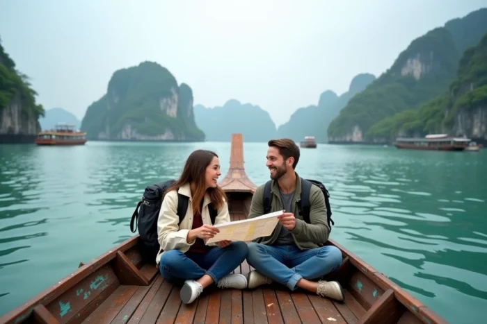 Deux amis voyageurs sur un bateau traditionnel traversant la baie d'Halong au Vietnam avec ses formations calcaires