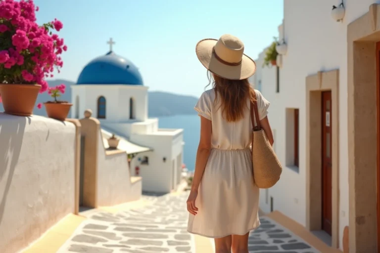 Voyageuse en robe de lin devant les maisons blanches et dômes bleus de Santorin en Grèce